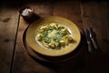 Delicous pasta carbonara, with verdure with plenty of Parmesan, beautiful table setup. Ai generated