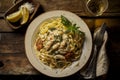 Delicous pasta carbonara, with verdure with plenty of Parmesan, beautiful table setup. Ai generated