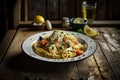 Delicous pasta carbonara, with verdure with plenty of Parmesan, beautiful table setup. Ai generated