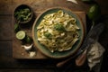 Delicous pasta carbonara, with verdure with plenty of Parmesan, beautiful table setup. Ai generated