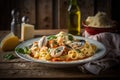 Delicous pasta carbonara, with verdure with plenty of Parmesan, beautiful table setup. Ai generated