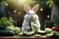 Adorable White Bunny Enjoying a Cucumber Snack