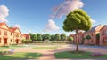 Whimsical School Landscape: Cartoon Illustration in Full Color