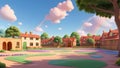 Whimsical School Landscape: Cartoon Illustration in Full Color