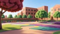 Whimsical School Landscape: Cartoon Illustration in Full Color