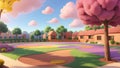 Whimsical School Landscape: Cartoon Illustration in Full Color