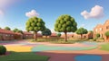 Whimsical School Landscape: Cartoon Illustration in Full Color