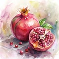 Whole pomegranate and half a juicy pomegranate illustration watercolor