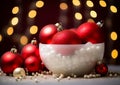 a white bowl of red chritmas ornaments on a table with lights in the background Royalty Free Stock Photo