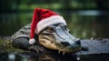 Festive Swamp Royalty: Alligator Donned in Dapper Christmas Attire