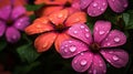 Close up of raindrops on colorful flowers in a garden Royalty Free Stock Photo