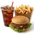 Double Cheeseburger French Fries and Soda with Ice To Go, Tasty Fresh Fast Food, Delicious Culinary Menu Objects Royalty Free Stock Photo