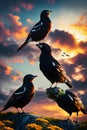 Posing Birds, Sunbeams Filtering through Clouds, Colorful Nature and Blooming Flowers. AI generated