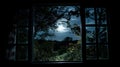 Southern Countryside Serenity: The moon shining through a dark window in a tranquil setting
