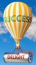 Delight and success - shown as word Delight on a fuel tank and a balloon, to symbolize that Delight contribute to success in