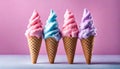 four cotton candy flavored ice cream cones isolated on a white background. Pink, blue and purple color. Royalty Free Stock Photo