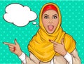 Arabic woman in hijab pointing fingers