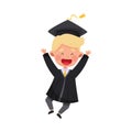 Delighted Boy Character in Academic Gown and Square Cap Cheering About Graduation Ceremony Vector Illustration