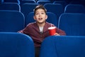Delighted boy watching interesting film in cinema
