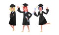 Delighted Girl Students in Academic Gown and Square Cap Cheering About Graduation Ceremony Vector Set