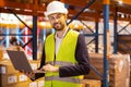 Delighted logistics manager holding a laptop