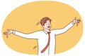 Delighted man in shirt and tie waving arms to sides and shouting with happiness. Vector image