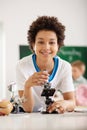 Delighted nice boy studying at school Royalty Free Stock Photo