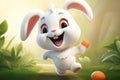 Delighted white bunny with large ears hopping in a sunny forest glade. Concept of joy, forest animals, kids illustration Royalty Free Stock Photo