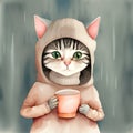 bored cartoon cat wearing a pink hoodie drinking coffee kids storybook Royalty Free Stock Photo