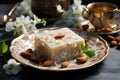 Delightful almond fudge served in an asian inspired motif on a pristine white plate, eid and ramadan images