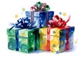 Vibrant stack of wrapped presents adorned with colorful ribbons and festive stars Royalty Free Stock Photo