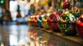 A row of Christmas ornaments placed on top of a table