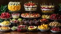 A delightful array of colorful cakes, pastries, and fruit platters arranged on a wooden table for a special event Royalty Free Stock Photo