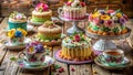 A delightful array of floral-decorated cakes and teacups on a rustic wooden table. Generative AI Royalty Free Stock Photo