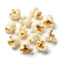Delicious and Fluffy Popcorn Kernels Scattered on a White Background Perfect for Movie Nights and Snack Time Royalty Free Stock Photo
