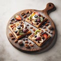 A delightful array of fruit-topped waffles on a rustic wooden board