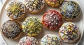 A delightful array of gourmet donuts featuring vibrant glazes and diverse toppings for a sweet Royalty Free Stock Photo
