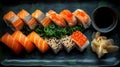 A delightful array of sushi rolls showcases colorful fish, garnishes, and sauces inviting you to savor every bite