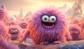 A delightful artwork featuring lineup of shaggy, fluffy monsters, each displaying their own unique angry expressions and