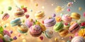 A delightful assortment of colorful macarons floating amidst a whimsical array of pastel blossoms and shimmering lights.