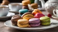 Colorful French Macarons Served with Hot Tea on a White Plate and Teapot Set Royalty Free Stock Photo
