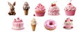 Delightful Assortment of Desserts Chocolate Bunny, Ice Cream Cones, Cupcakes, Cakes, and All Beautifully Decorated and