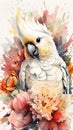 Delightful Baby Cockatoo in a Colorful Flower Field Ideal Watercolor Painting for Art Prints and Greeting Cards