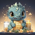 Delightful baby dragon enjoying a splash, surrounded by bubbles, with cute bottles and vibrant flower. Ideal for fantasy