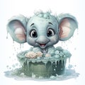 Delightful baby elephant in bubble bath with roses, joyful eyes, and playful water droplets.