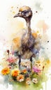 Delightful Baby Ostrich in a Colorful Flower Field for Art Prints and Greetings.