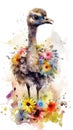 Delightful Baby Ostrich in a Colorful Flower Field for Art Prints and Greetings.