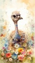 Delightful Baby Ostrich in a Colorful Flower Field for Art Prints and Greetings.