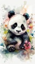Delightful Baby Panda in a Colorful Flower Field for Art Prints and Greetings.