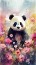 Delightful Baby Panda in a Colorful Flower Field for Art Prints and Greetings.